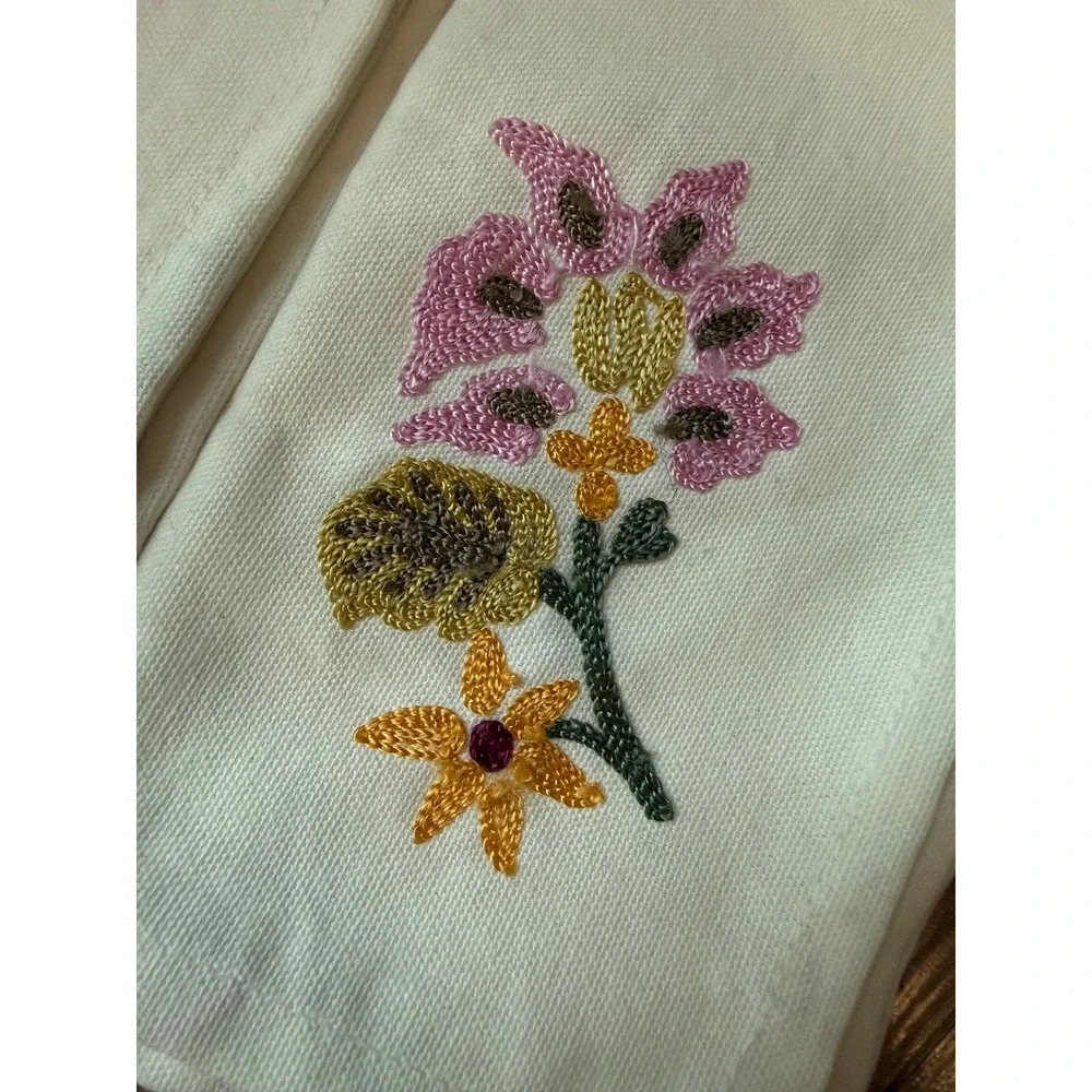 Set of 3 Floral Embroidered Cotton Napkins Cream Pink Gold 17x19 Made in India